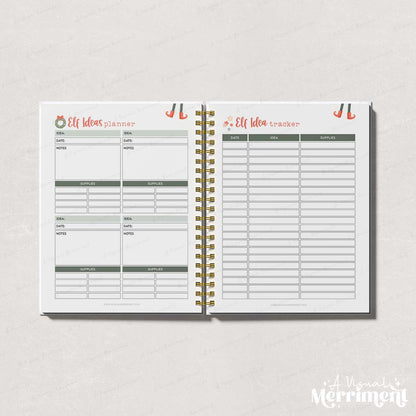 green elf on the shelf ideas and tracker pages open in binder