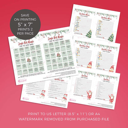 printable christmas games pages splayed out with printing information