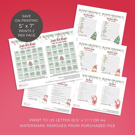 printable christmas games pages splayed out with printing information