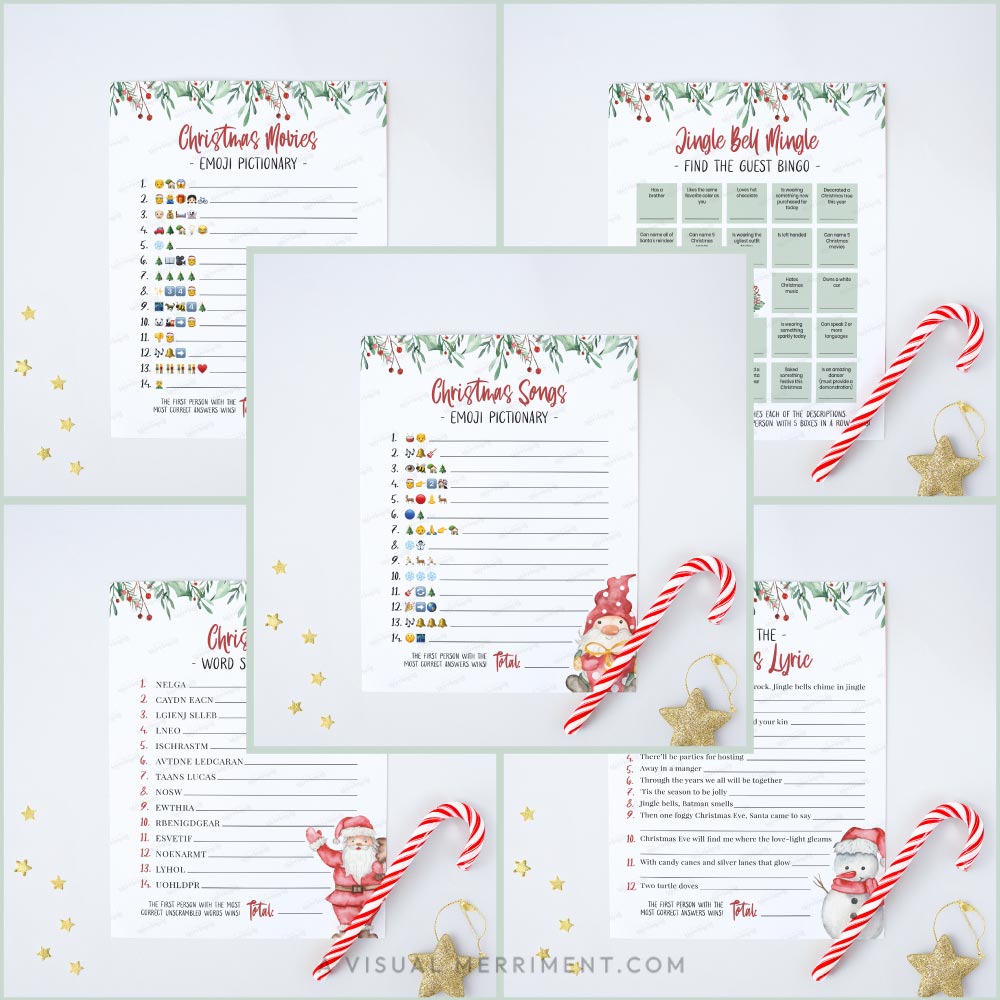 5 pages of gnome Christmas printable games with candy canes and stars