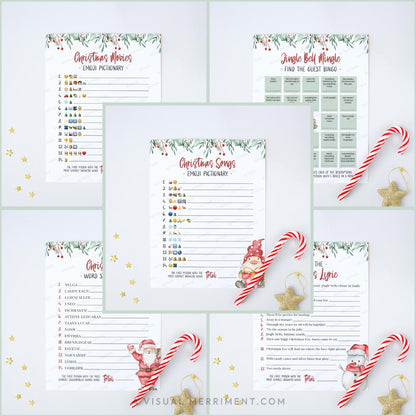 5 pages of gnome Christmas printable games with candy canes and stars
