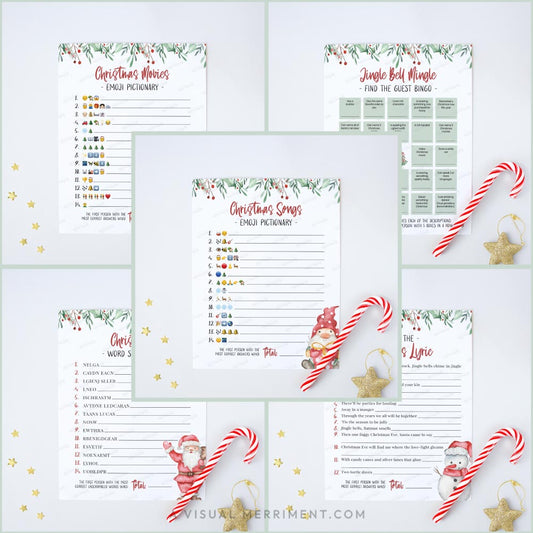 5 pages of gnome Christmas printable games with candy canes and stars