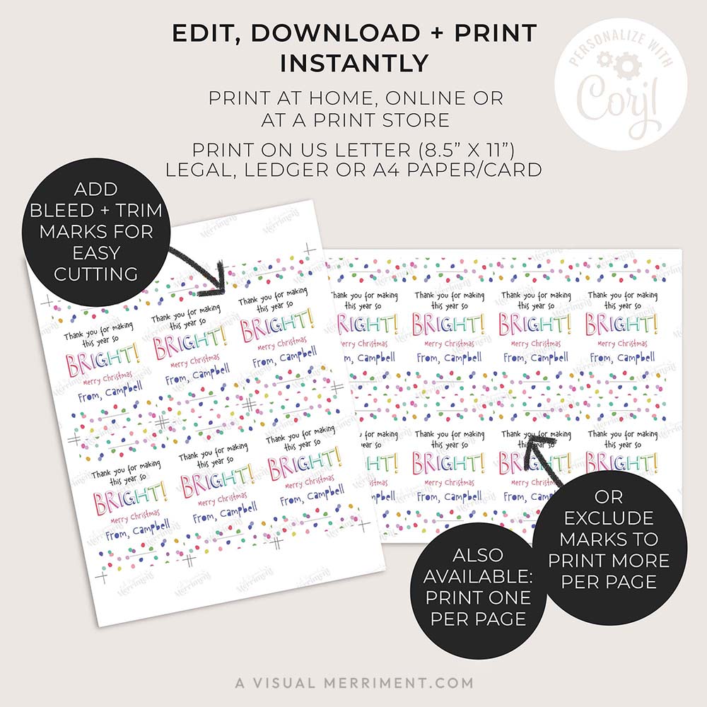 2 pages with instructions for merry christmas editable glow stick holders in bright confetti design