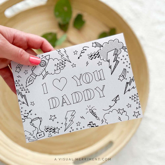 Hand holding I love you daddy kids printable fathers day coloring card gift