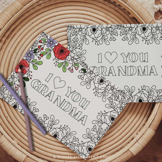 Half colored I love you Grandma grandparents day coloring card with pencils on table