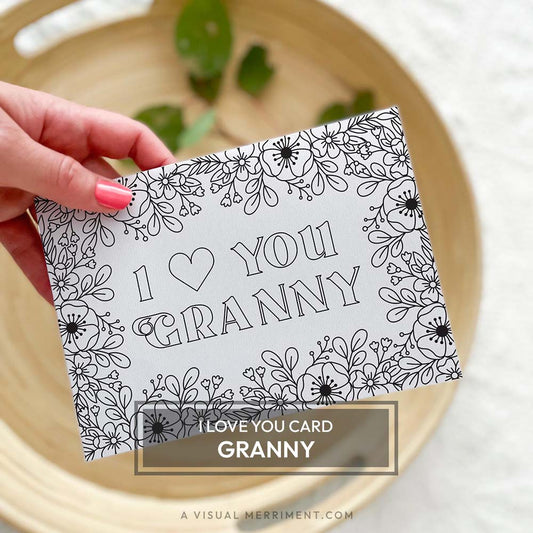 Hand holding I love you Granny kids printable coloring grandmother greeting card