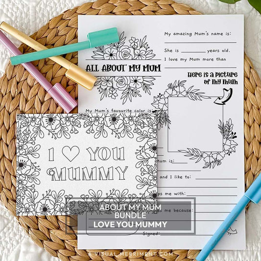 I love you Mummy coloring greeting card with all about my mum page on a mat with marker pens