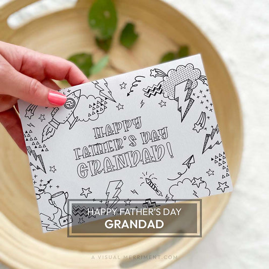 Hand holding kids happy father’s day Grandad printable coloring card