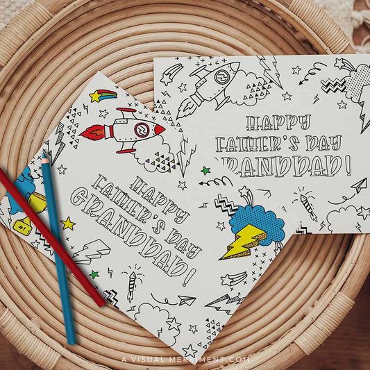 Half colored happy father’s day Granddad printable coloring cards with pencils on table