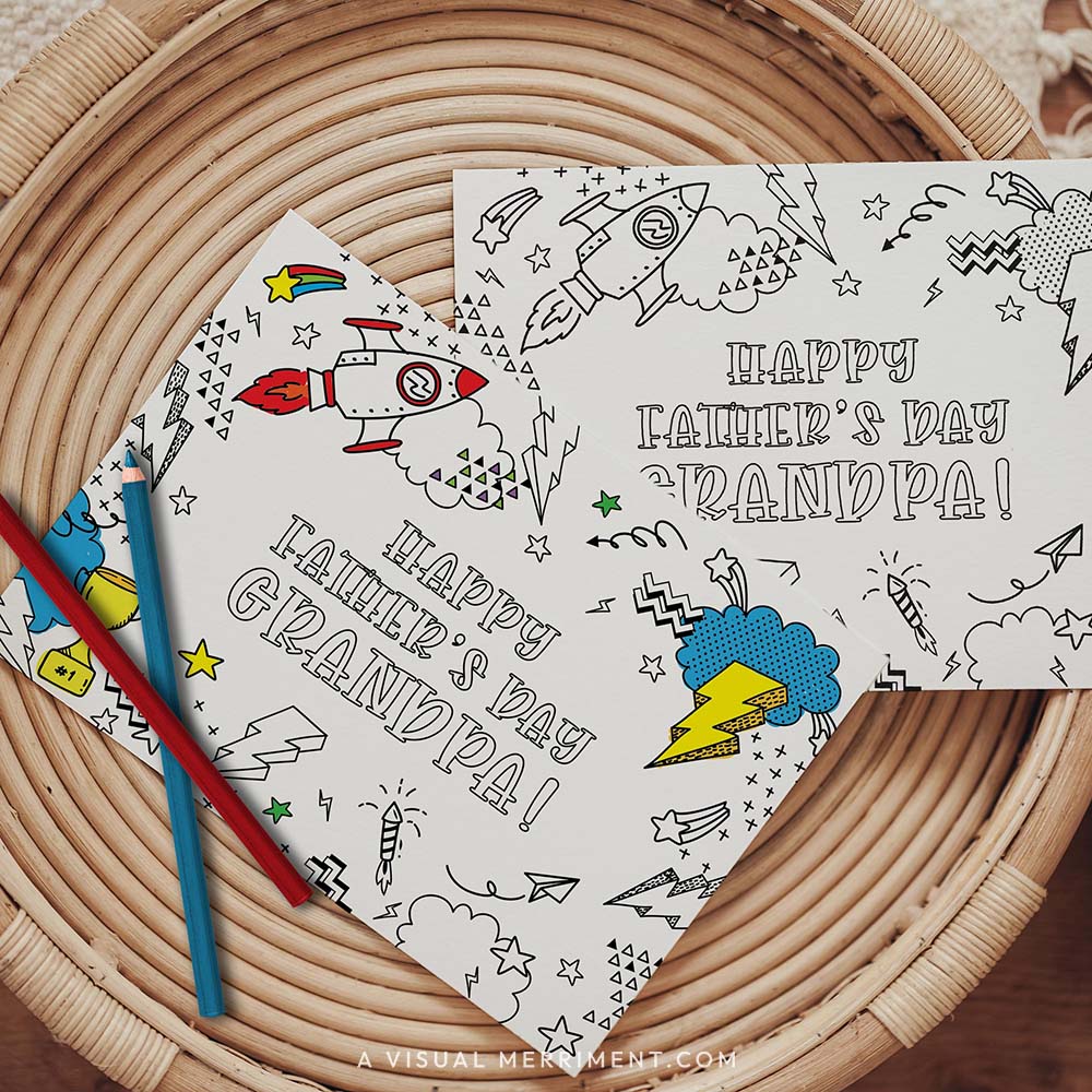 Half colored happy father’s day Grandpa printable coloring cards with pencils on table