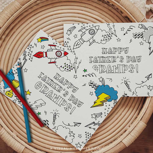 Half colored happy father’s day gramps printable coloring cards with pencils on table