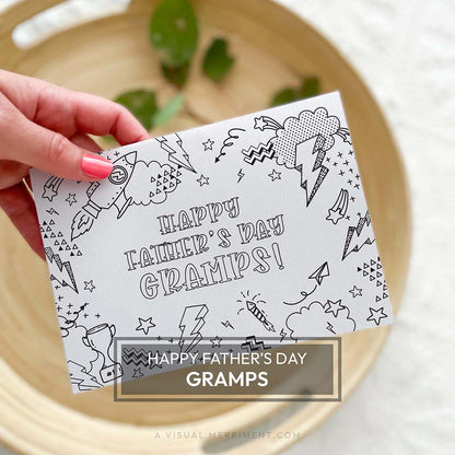 Hand holding kids happy father’s day gramps printable coloring card