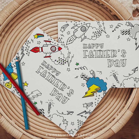 Half colored happy fathers day printable card with pencils on table