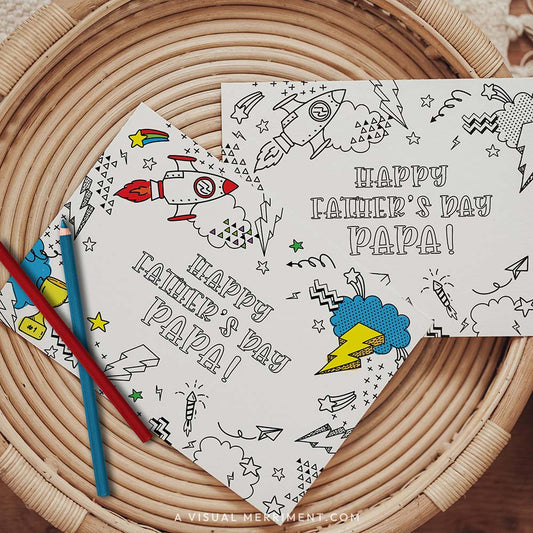 Half colored happy father’s day Papa printable coloring cards with pencils on table