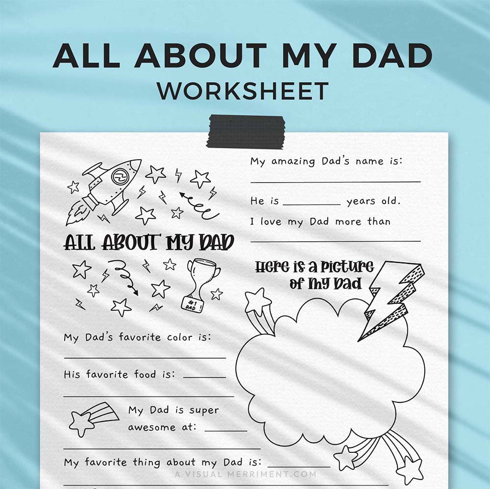 hanging page with tape titled all about my dad worksheet with drawing, coloring