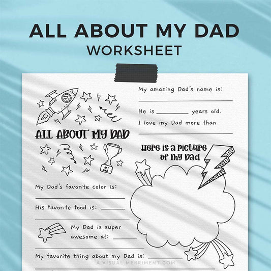 hanging page with tape titled all about my dad worksheet with drawing, coloring