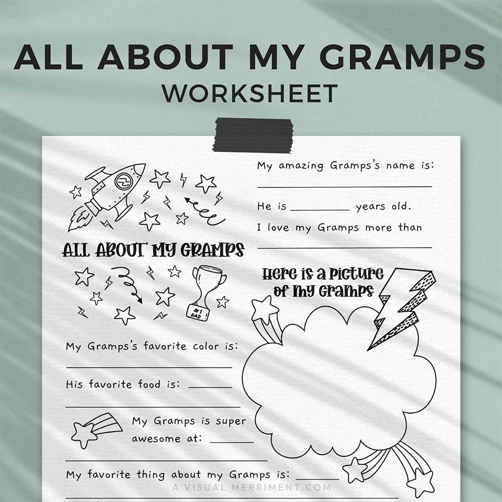 hanging page with tape titled all about my gramps worksheet with drawing, coloring