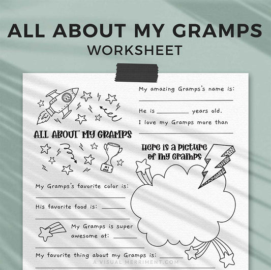 hanging page with tape titled all about my gramps worksheet with drawing, coloring