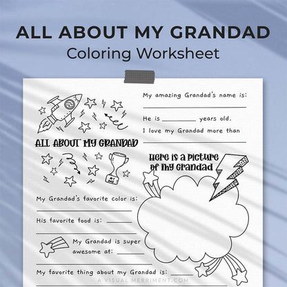 hanging page with tape titled all about my grandad worksheet with drawing, coloring