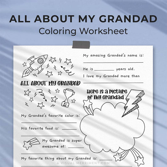 hanging page with tape titled all about my grandad worksheet with drawing, coloring