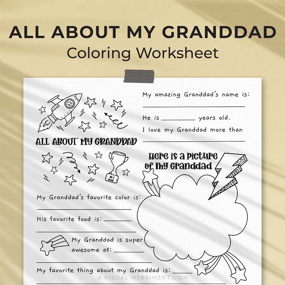 hanging page with tape titled all about my granddad worksheet with drawing, coloring