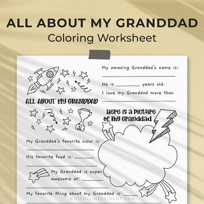 hanging page with tape titled all about my granddad worksheet with drawing, coloring