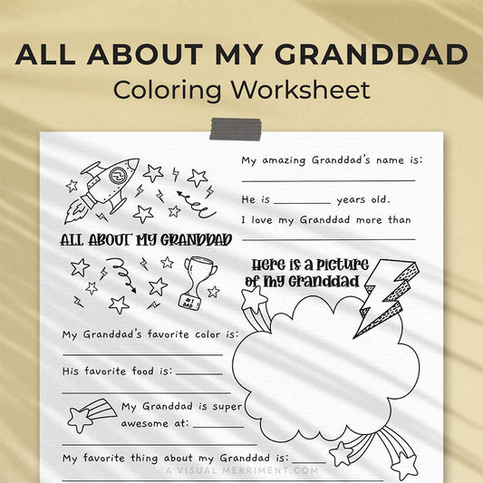 hanging page with tape titled all about my granddad worksheet with drawing, coloring