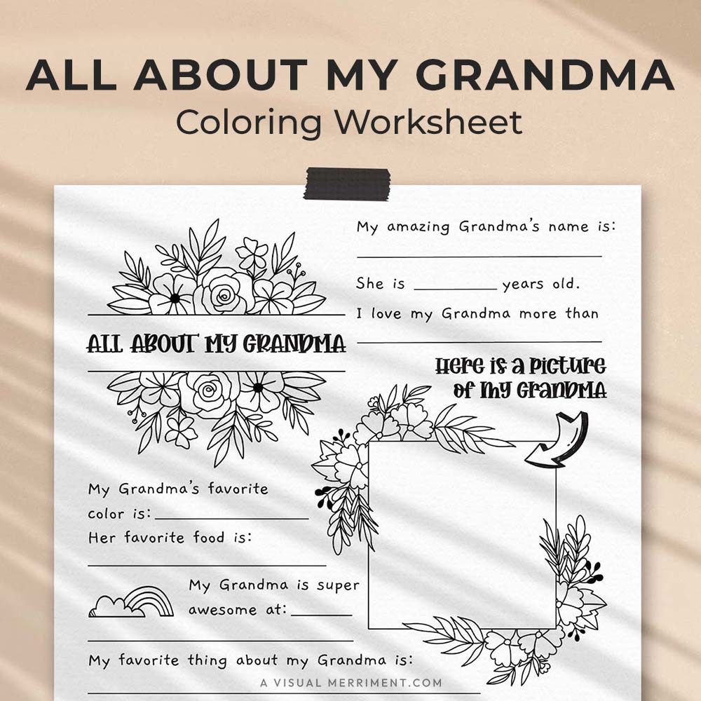 hanging page with tape titled all about my Grandma worksheet with drawing, coloring