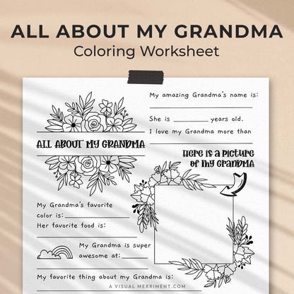 hanging page with tape titled all about my Grandma worksheet with drawing, coloring