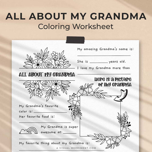 hanging page with tape titled all about my Grandma worksheet with drawing, coloring