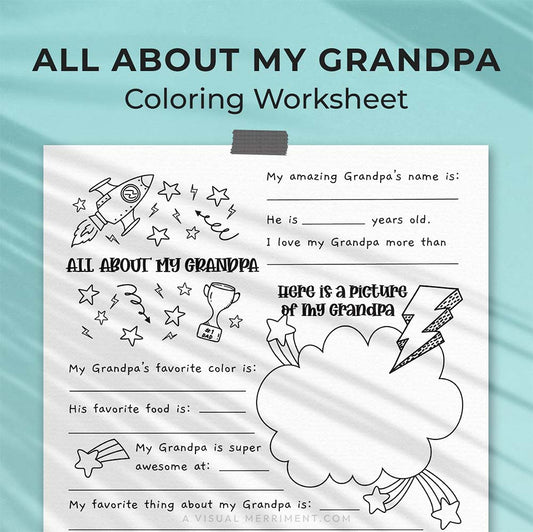 hanging page with tape titled all about my grandpa worksheet with drawing, coloring
