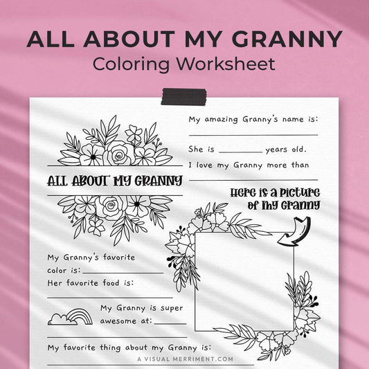 hanging page with tape titled all about my Granny worksheet with drawing, coloring