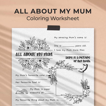hanging page with tape titled all about my Mum worksheet with drawing and coloring