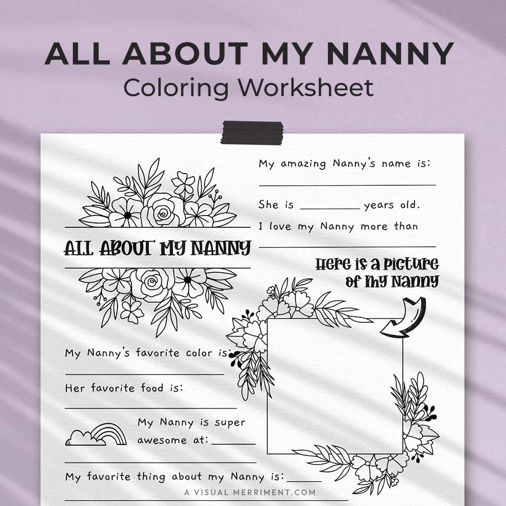 hanging page with tape titled all about my Nanny worksheet with drawing, coloring