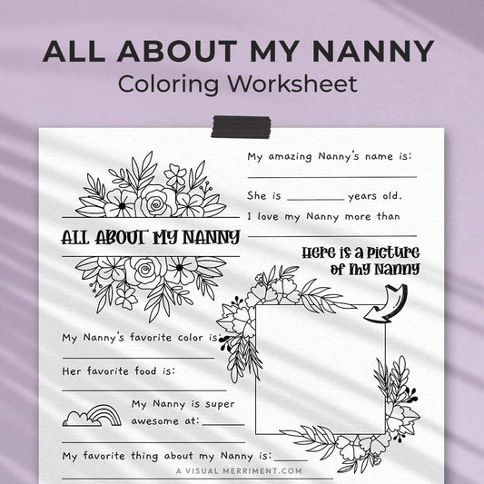 hanging page with tape titled all about my Nanny worksheet with drawing, coloring