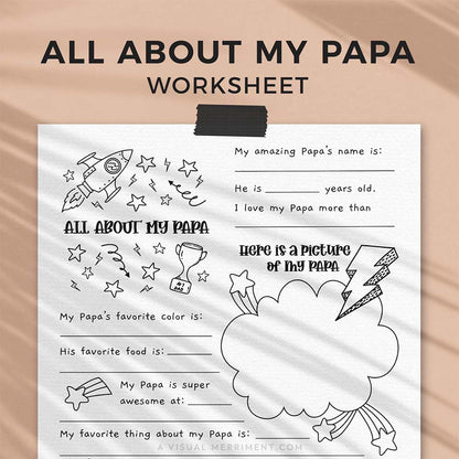 hanging page with tape titled all about my Papa worksheet with drawing, coloring