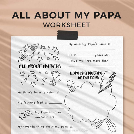 hanging page with tape titled all about my Papa worksheet with drawing, coloring