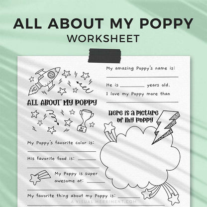 hanging page with tape titled all about my Poppy worksheet with drawing, coloring