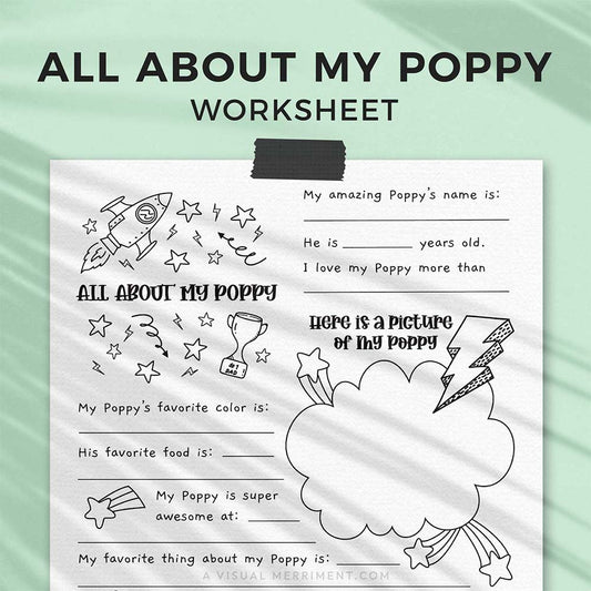 hanging page with tape titled all about my Poppy worksheet with drawing, coloring
