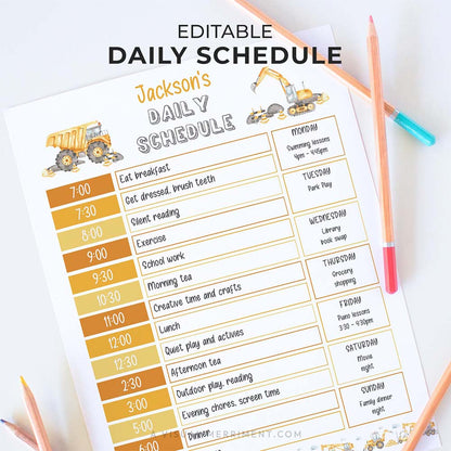 editable printable construction daily schedule for children with pencils