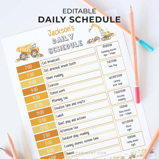 editable printable construction daily schedule for children with pencils