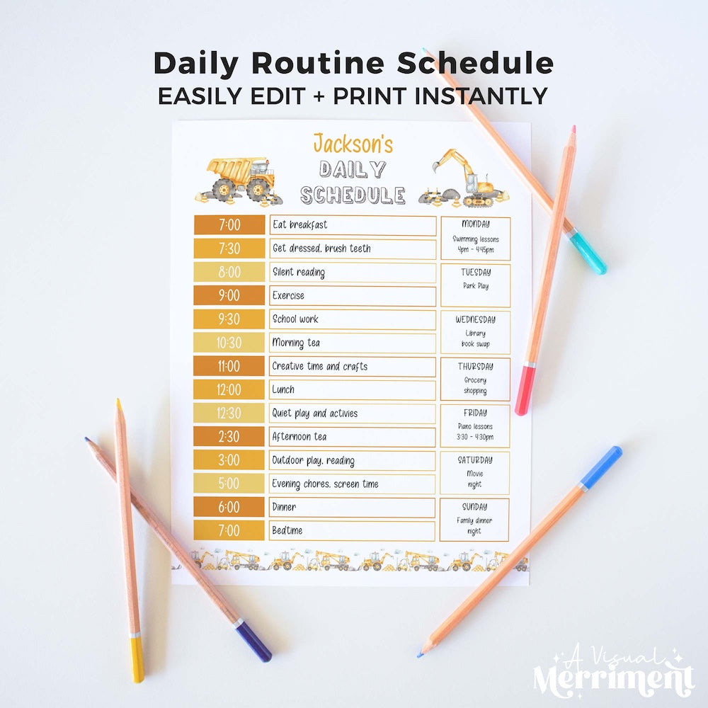 construction editable printable daily schedule for children with pencils