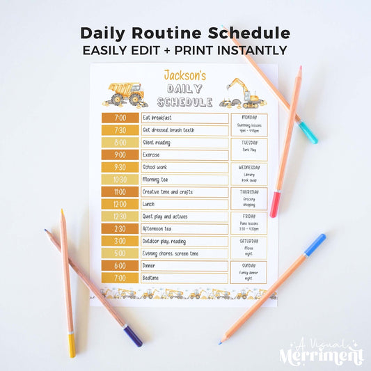 construction editable printable daily schedule for children with pencils