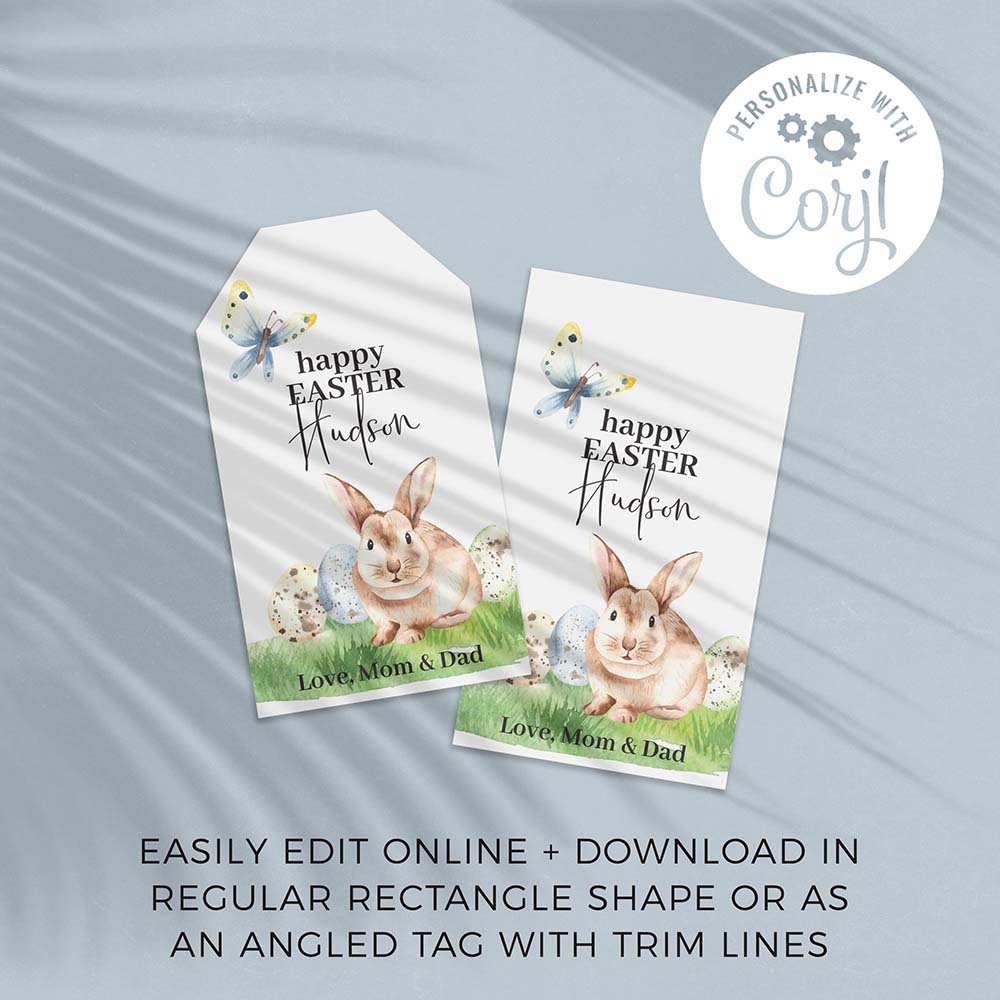 two happy easter gift tags with bunny and butterfly design