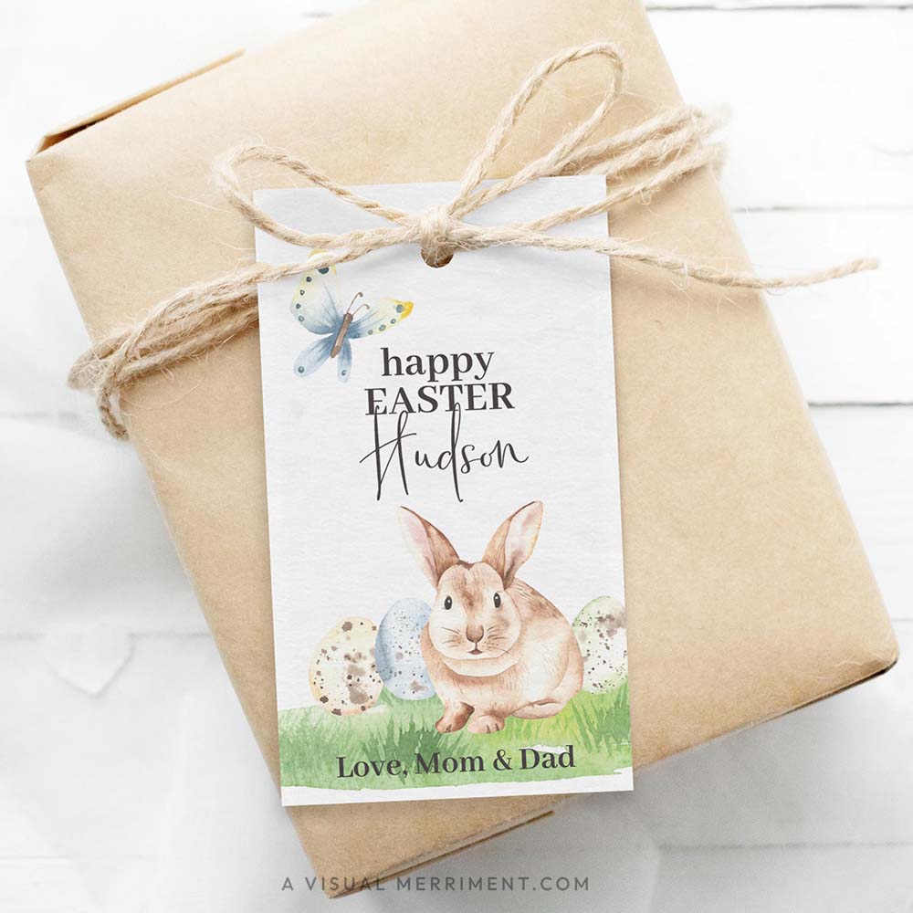 cute happy easter gift tag tied to gift in bunny and butterfly design