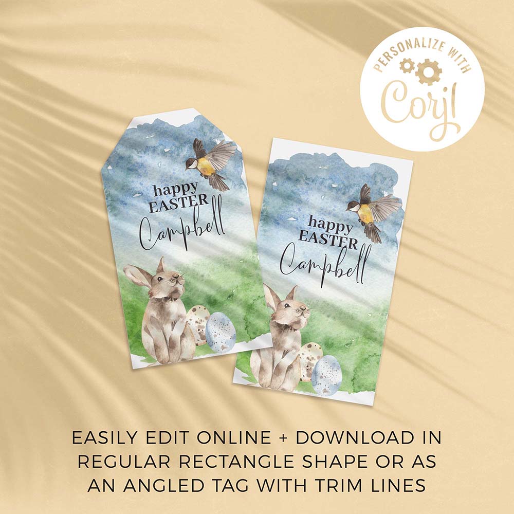 two happy easter gift tags with bunny and bird design