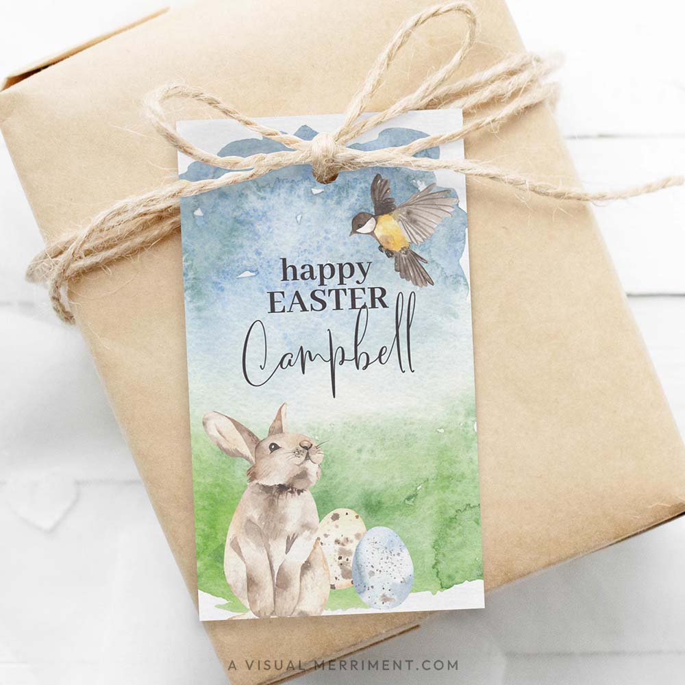Gift wrapped in brown paper with a Happy Easter tag gift tag in bunny and bird design