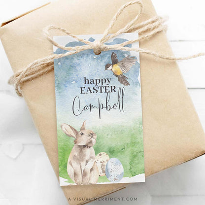 Gift wrapped in brown paper with a Happy Easter tag gift tag in bunny and bird design