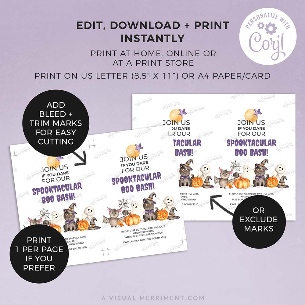 features and instructions with pages of spooktacular boo bash halloween invitation with cute watercolor characters