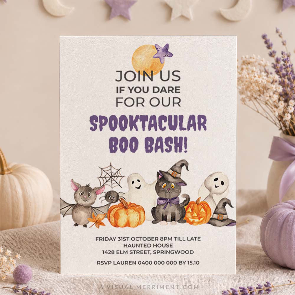 spooktacular boo bash halloween invitation with cute watercolor characters set in lilac boho fall scene